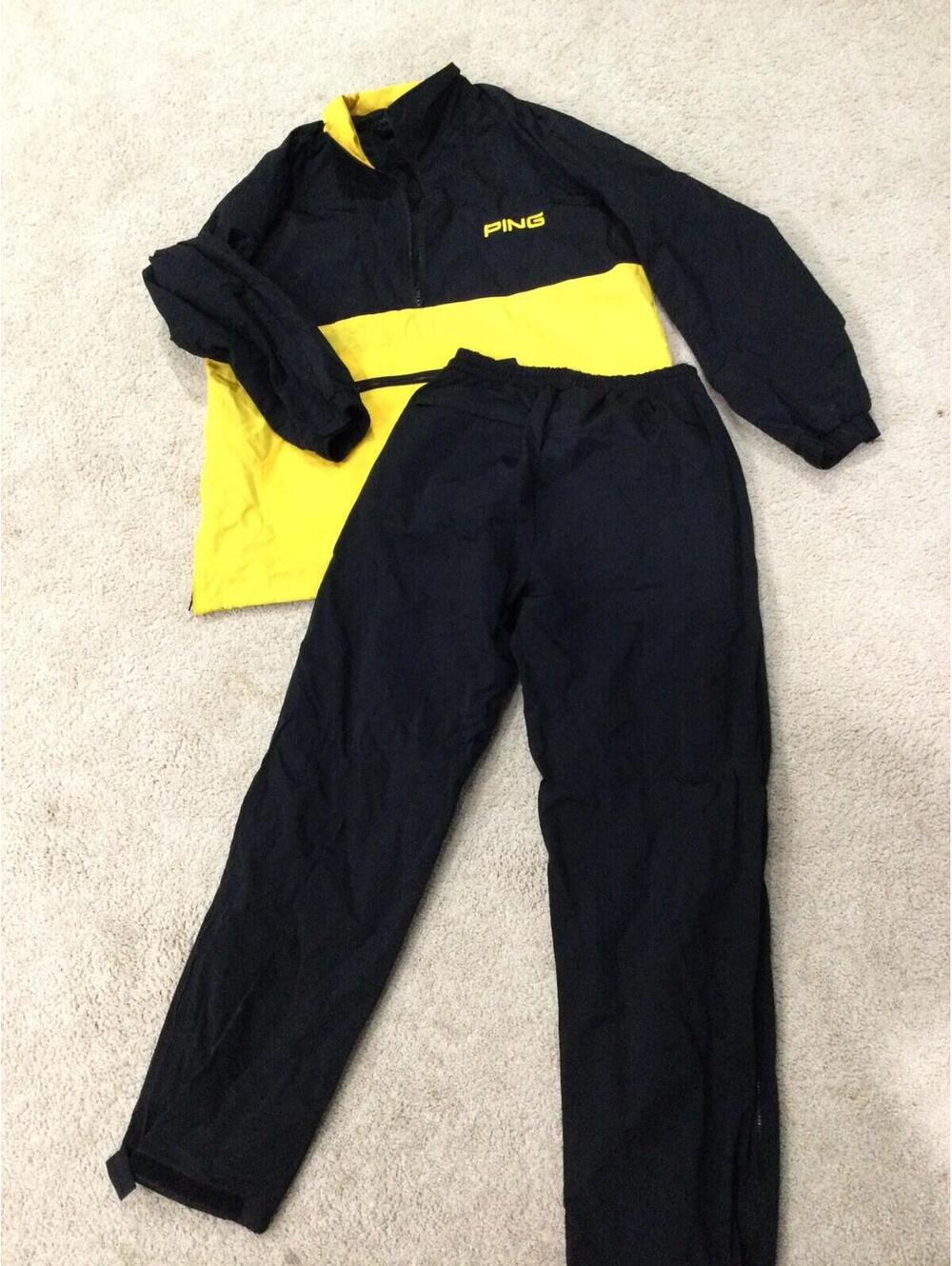 Vtg PING Windbreaker Track Suit Black Mustard Yellow XL Lined Vented Quality